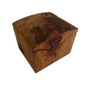 Vintage Signed Wooden Puzzle Box Toy 5 Pieces 3.5"x3"x2.5" Brown